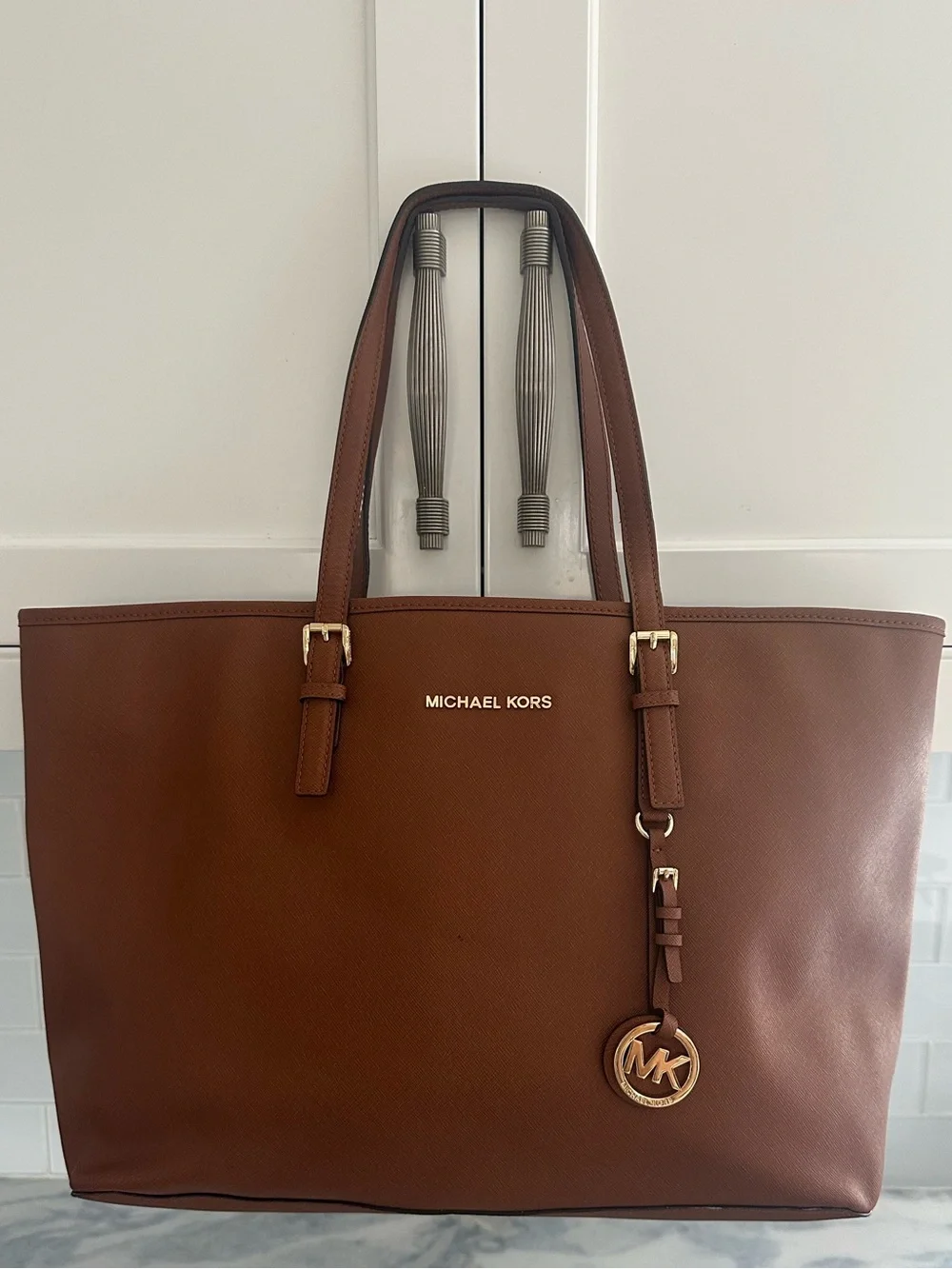 Michael Kors Vintage Logo Lettering  Cognac Leather Tote with Gold Hardware